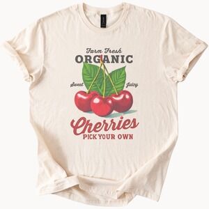 Farm Fresh Cherries Graphic Tee Natural Illustrated Fruit Art